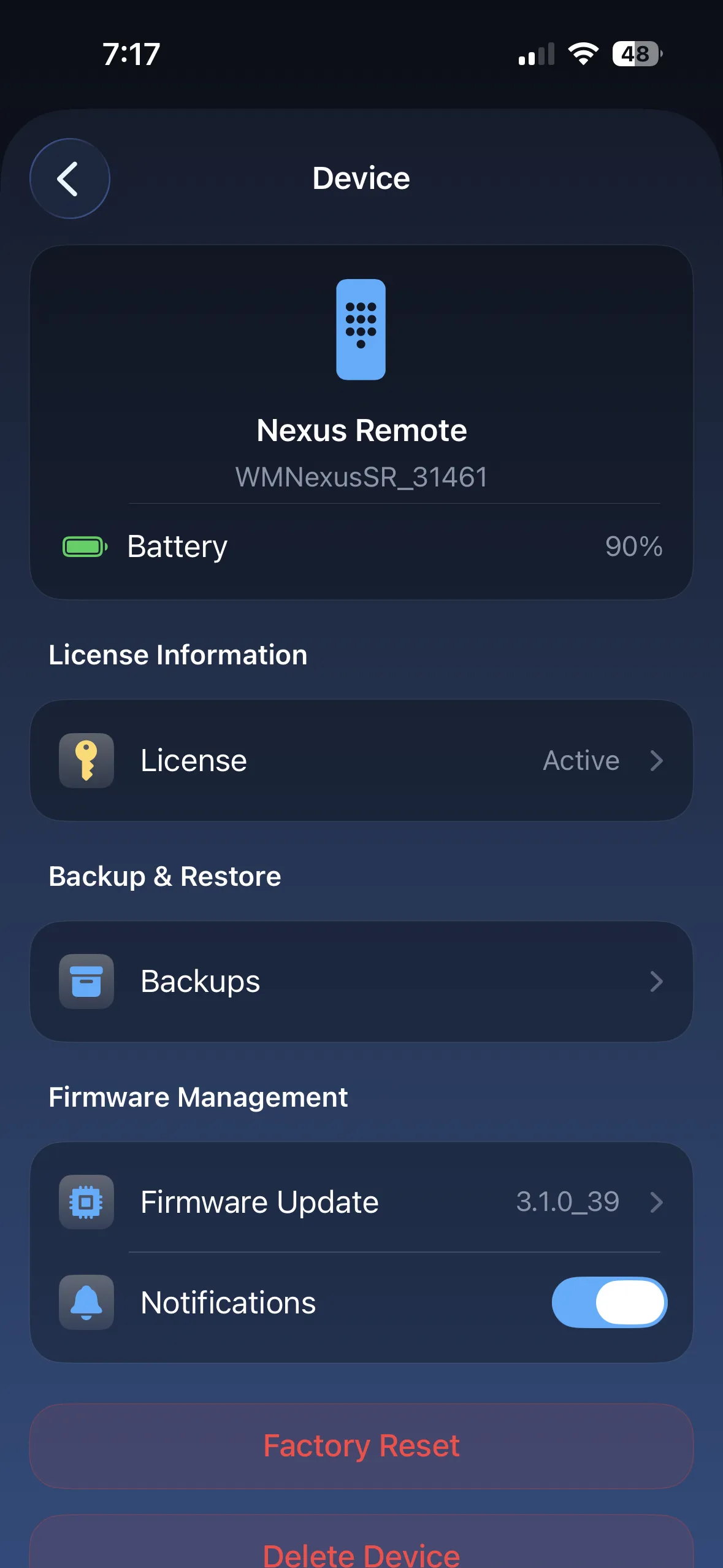 Device settings — firmware, backups and license — in the Nexus Remote app