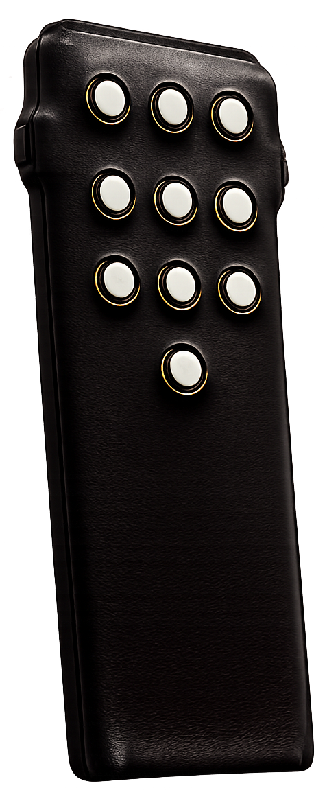 The Nexus Remote — a sleek black handheld cueing device